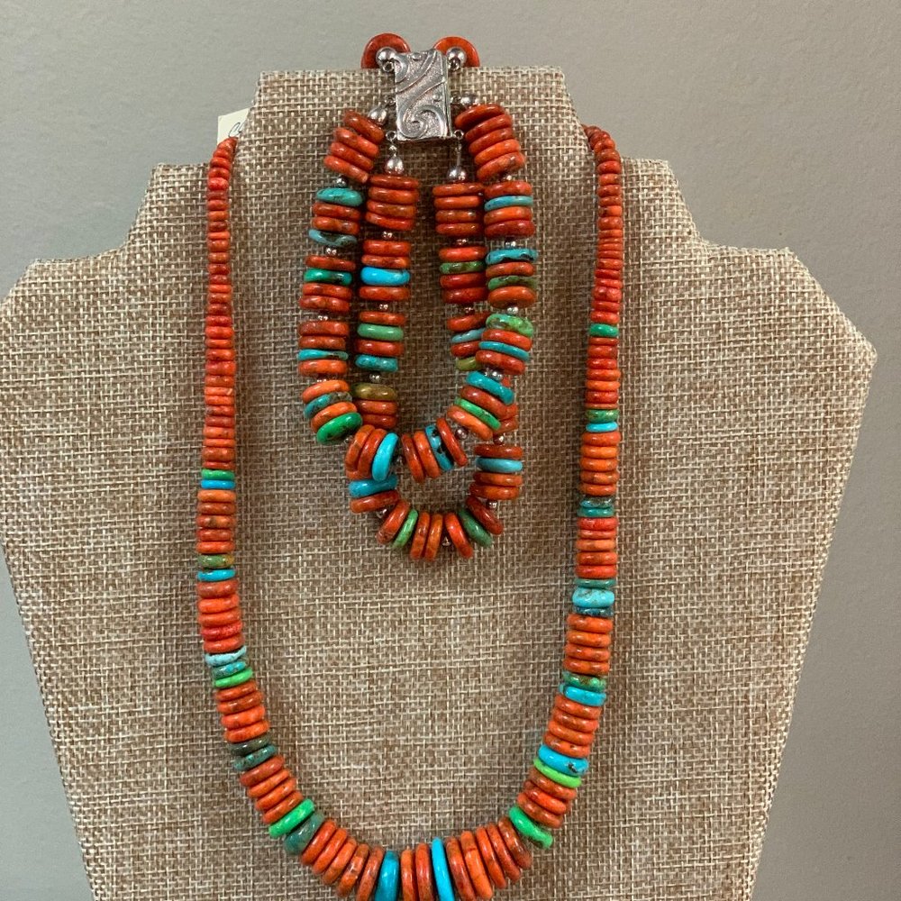 Turquoise & Coral Necklace w/ Bracelet & Ear Rings